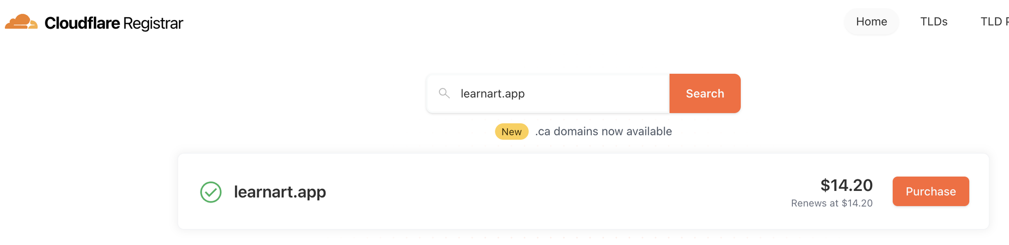 Cloudflare Registrar showing the availability of `learnart.app`