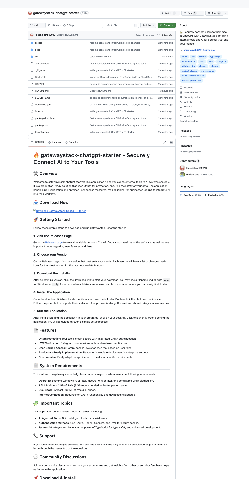 the attacker's version of my repo — note the download now badge and installer instructions on what is actually a node.js server project